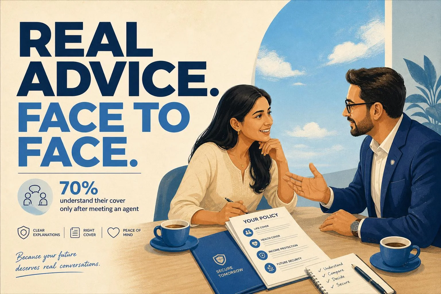 Real advice, face to face — 70% understand their cover only after meeting an agent