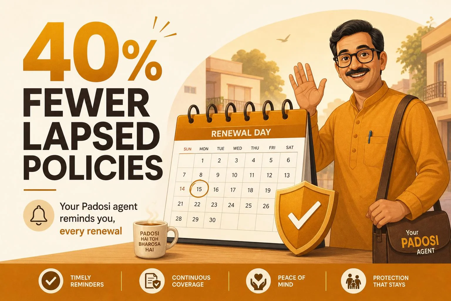 40% fewer lapsed policies — your Padosi agent reminds you every renewal